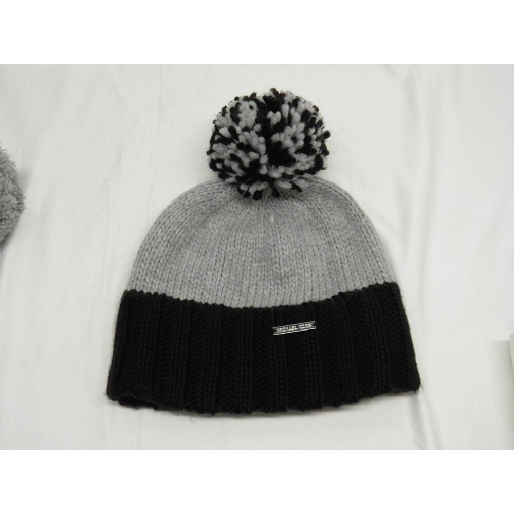Michael Kors Gray Black Knit Winter Pom Pom Hat With Ribbed Cuff